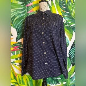L.L. Bean L Blue White Polka Dot Button Down Cotton Lycra Fall Teacher Shirt